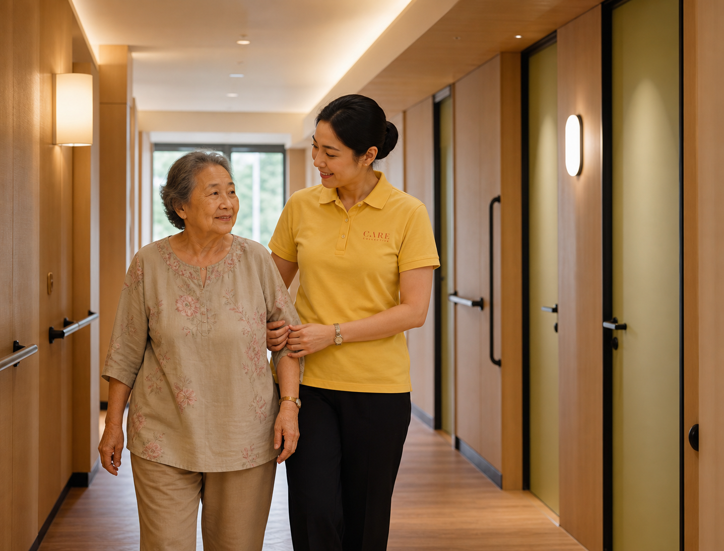 A quiet Care Collective corridor with staff support