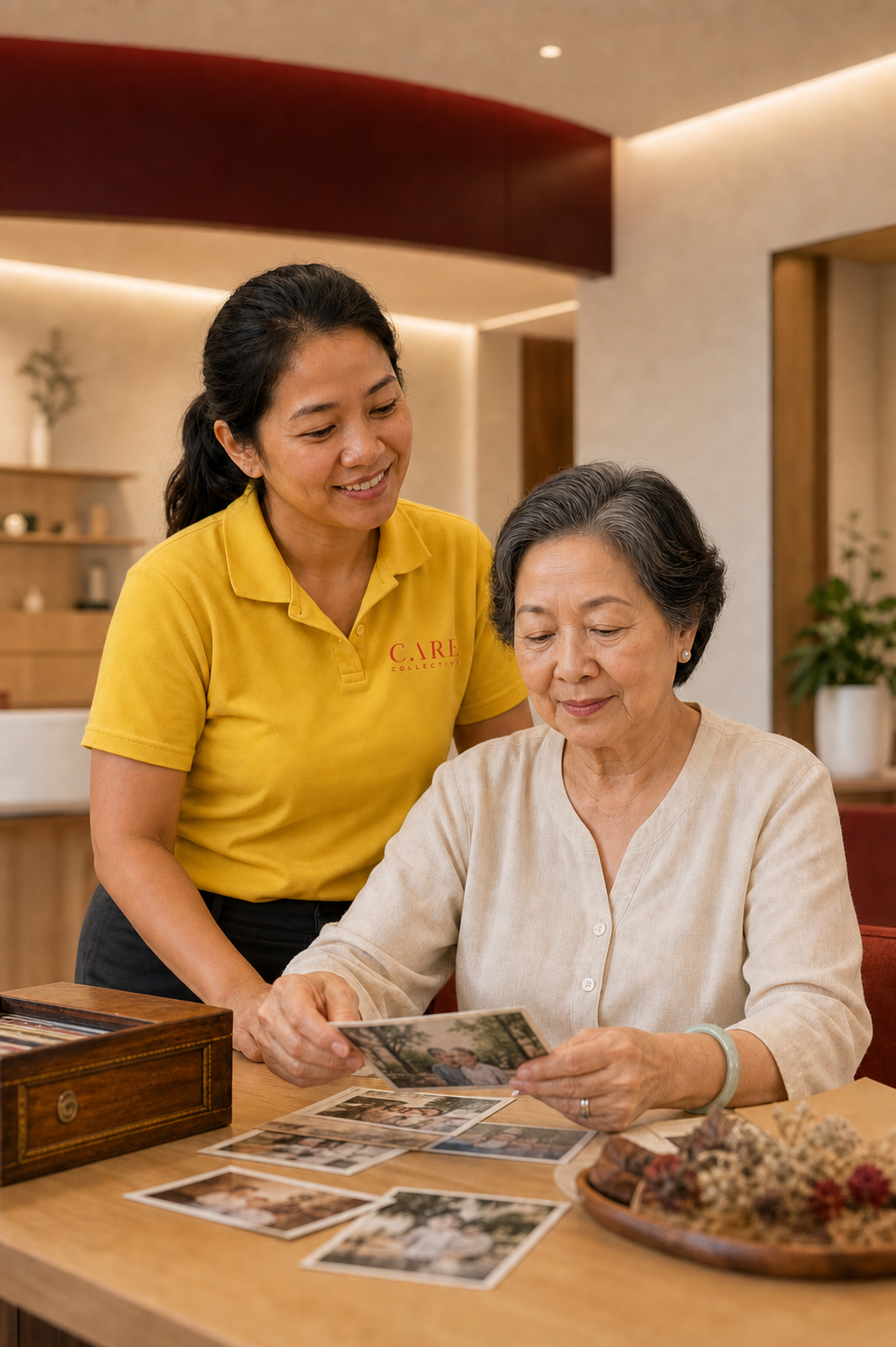A resident doing a calm familiar activity with staff nearby