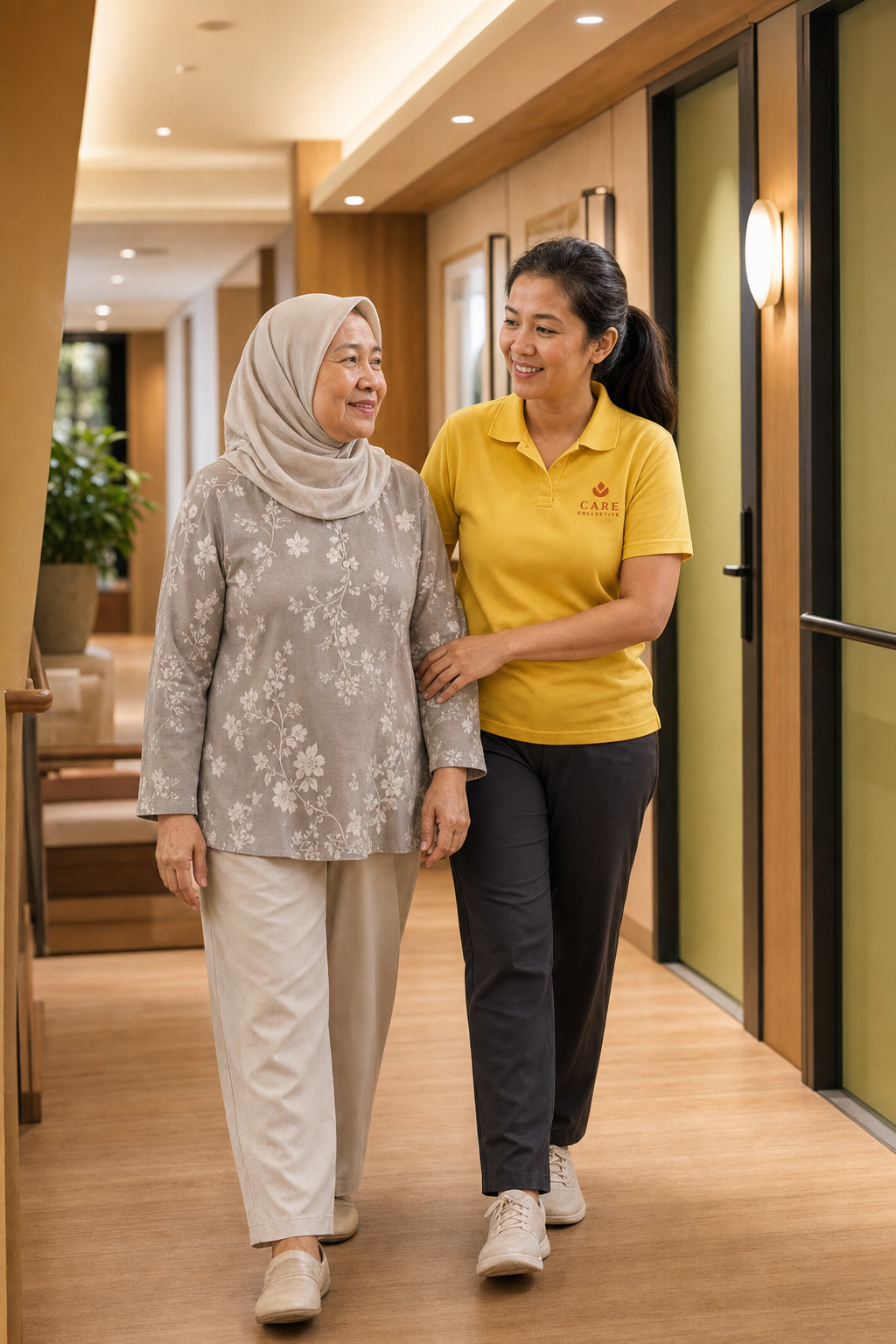 A resident walking the corridor with staff nearby