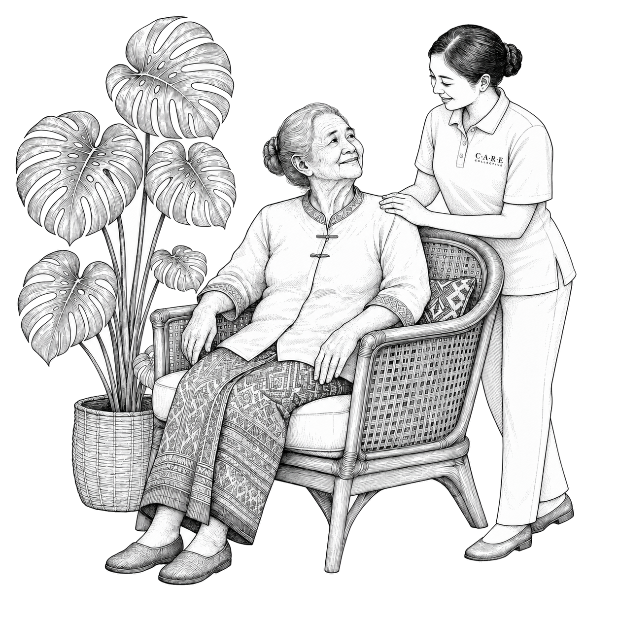 A caregiver attending to a resident seated in a rattan armchair