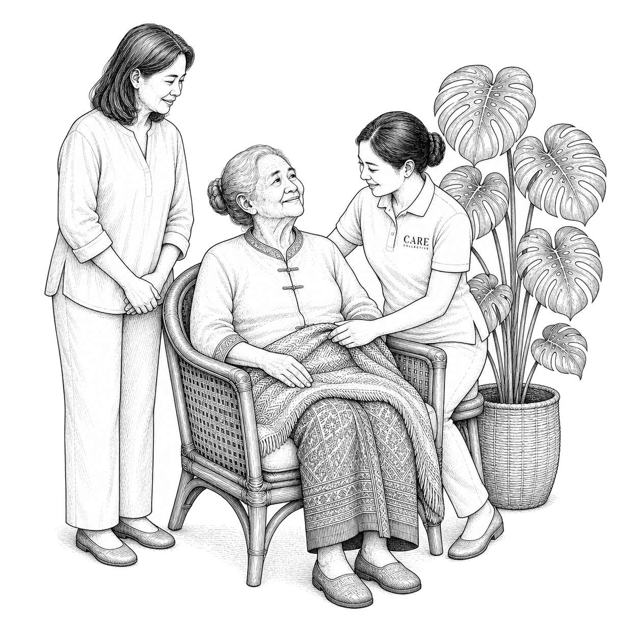 A caregiver supporting a senior in a gentle stretch