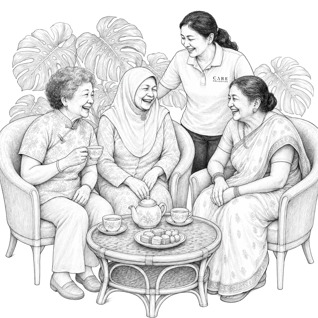 Seniors in a craft circle with a caregiver assisting