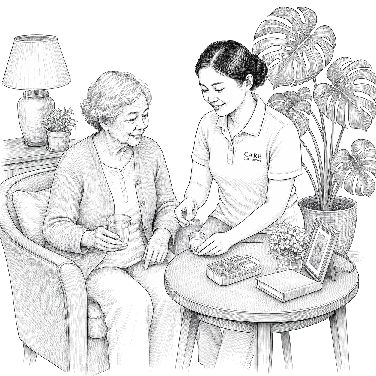 A caregiver assisting a senior with a coffee tray in their suite