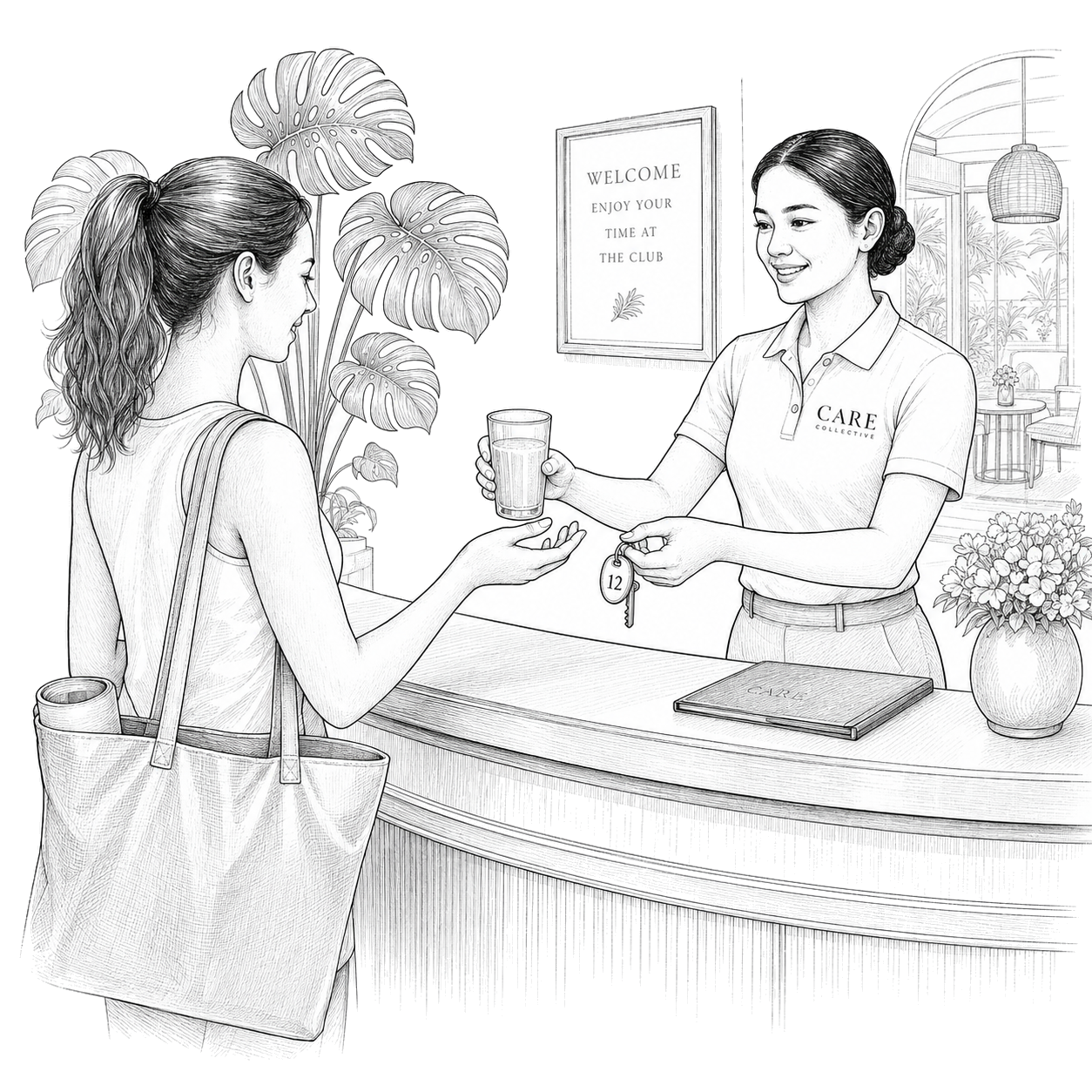 A host pouring coffee at the Clubhouse cafe bar for a member