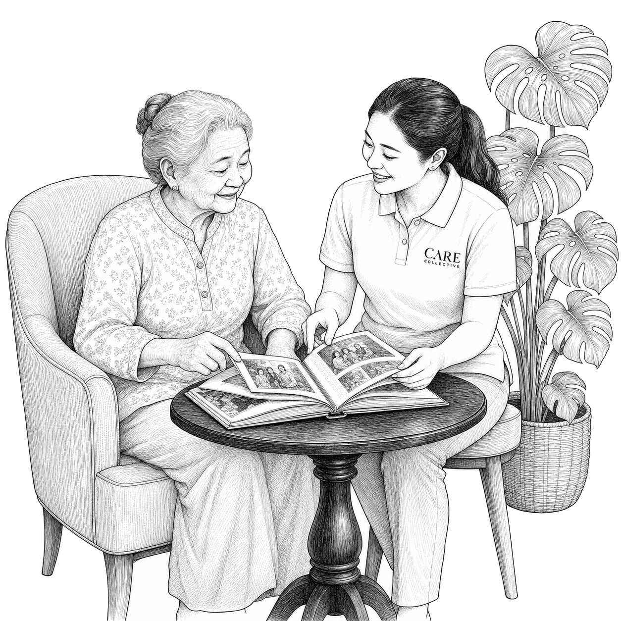 A Programme Activity Coordinator gently engaging a senior with a memory activity