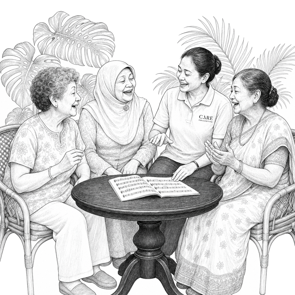 A small intimate group of seniors with a caregiver, a calm shared activity