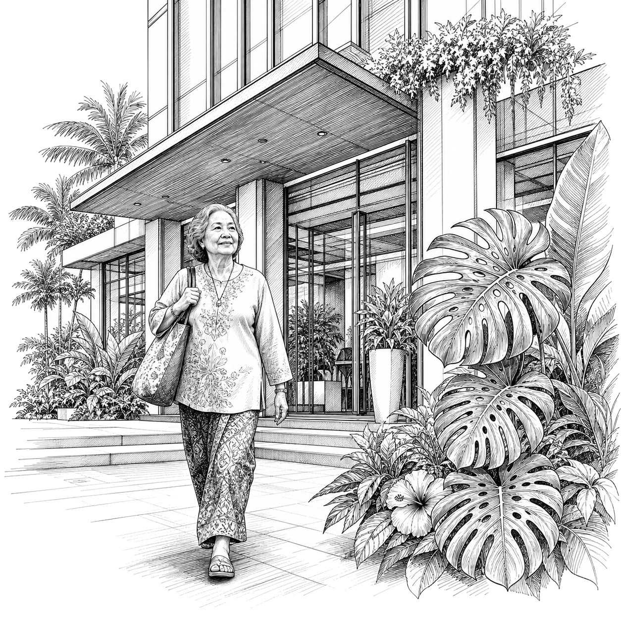 A senior heading out from the building lobby