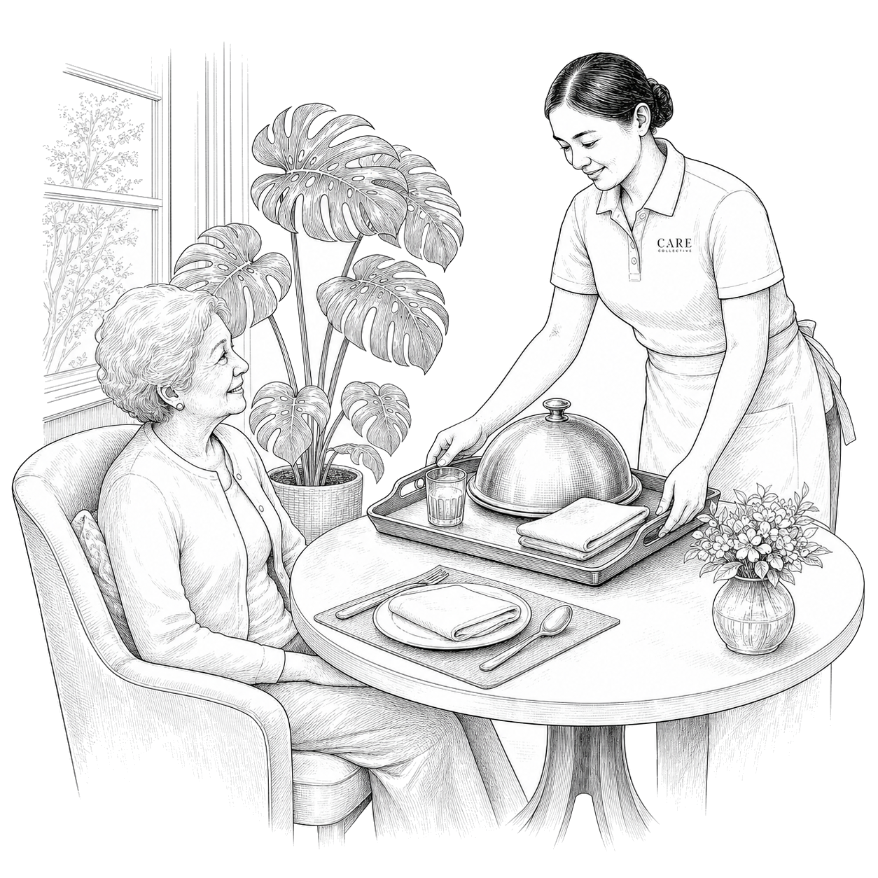 A chef placing a covered breakfast tray on the suite table